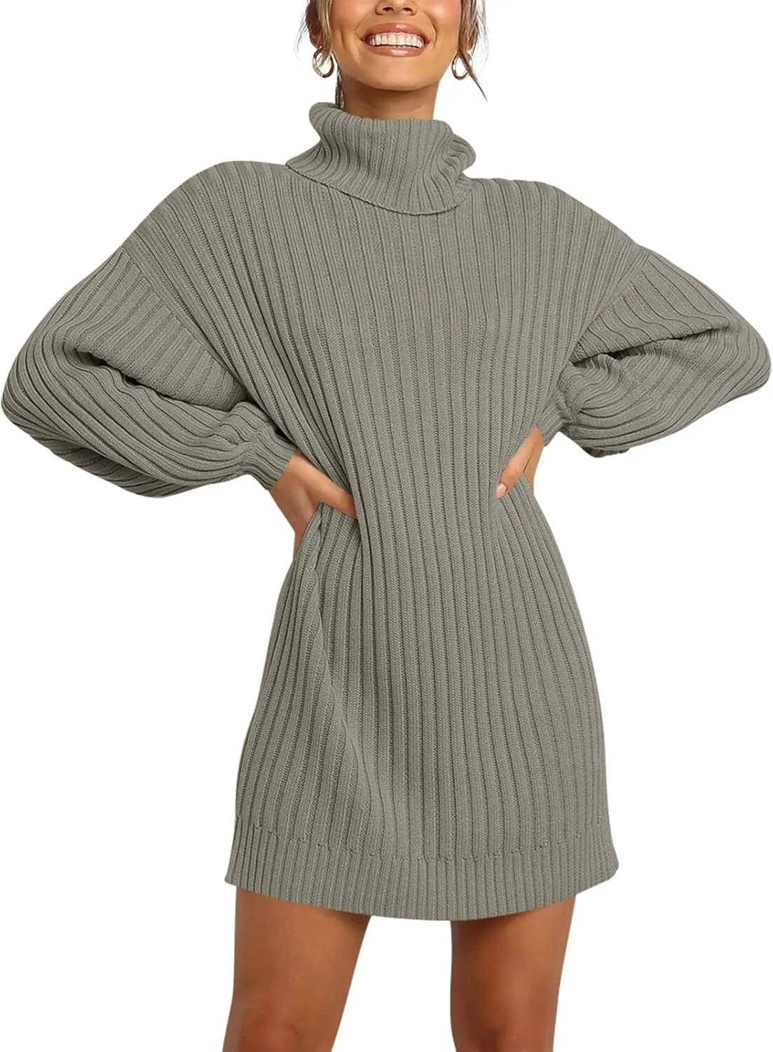 ANRABESS Women Oversized Sweater Dress Turtleneck Batwing Long Sleeve Ribbed Knit Loose 2025 Fall Winter Casual Short Dress