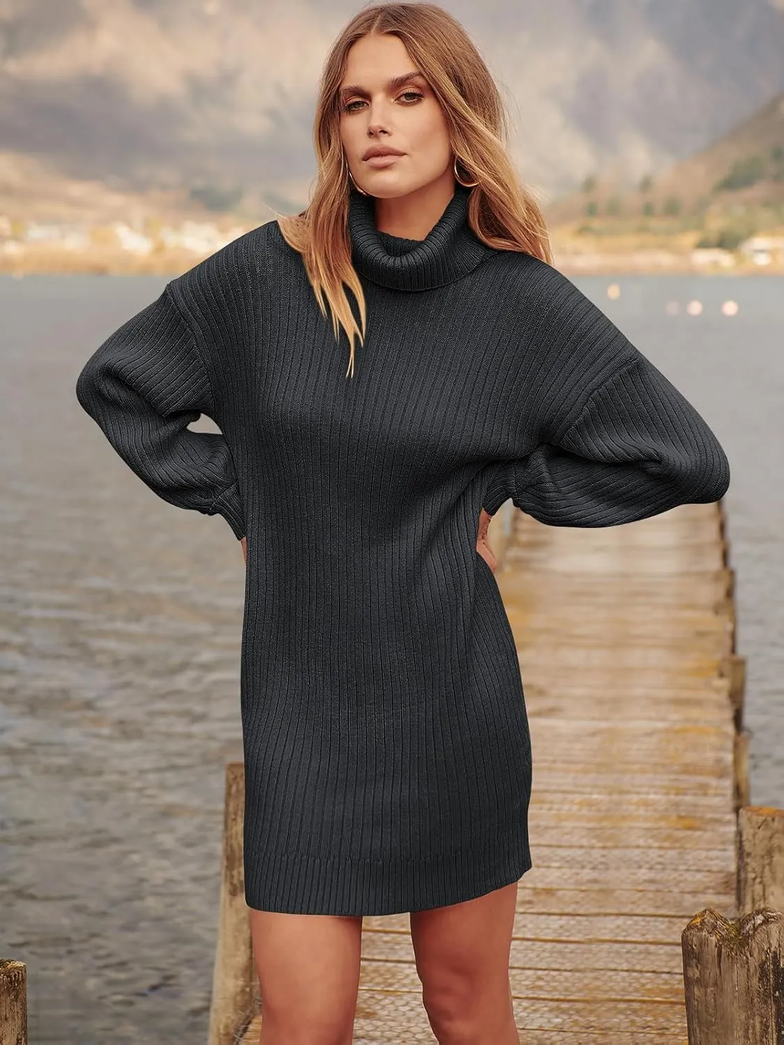 ANRABESS Women Oversized Sweater Dress Turtleneck Batwing Long Sleeve Ribbed Knit Loose 2025 Fall Winter Casual Short Dress