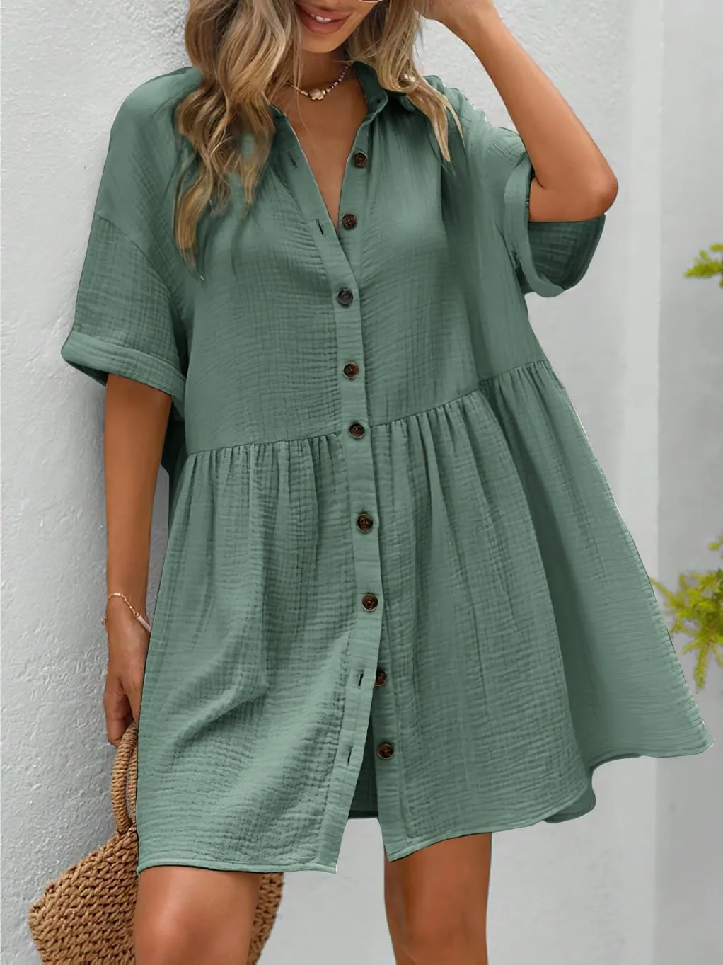 chouyatou Women's Casual Short Sleeve Button Down Mini Shirt Dress Cotton Babydoll Tunic Loose Beach Dress