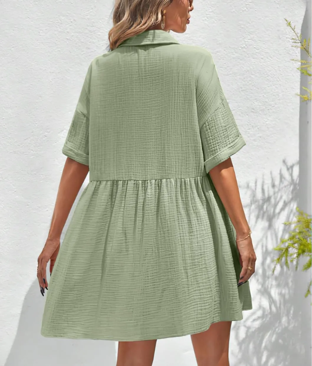 chouyatou Women's Casual Short Sleeve Button Down Mini Shirt Dress Cotton Babydoll Tunic Loose Beach Dress