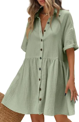 chouyatou Women's Casual Short Sleeve Button Down Mini Shirt Dress Cotton Babydoll Tunic Loose Beach Dress