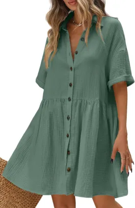 chouyatou Women's Casual Short Sleeve Button Down Mini Shirt Dress Cotton Babydoll Tunic Loose Beach Dress
