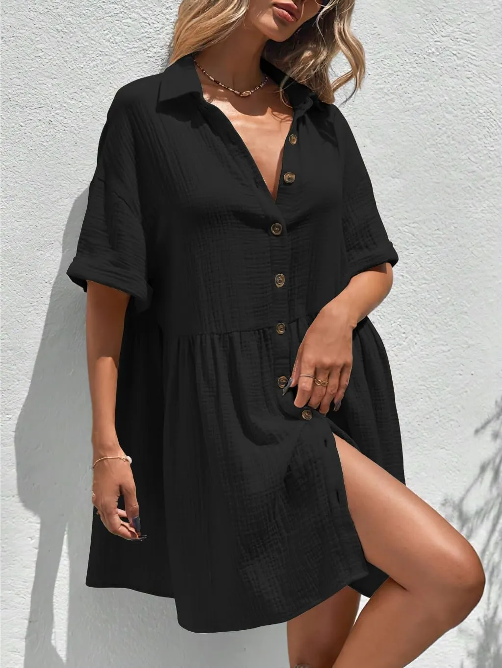chouyatou Women's Casual Short Sleeve Button Down Mini Shirt Dress Cotton Babydoll Tunic Loose Beach Dress