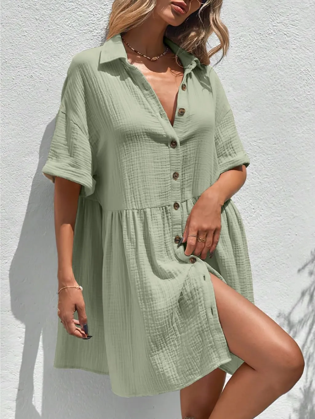 chouyatou Women's Casual Short Sleeve Button Down Mini Shirt Dress Cotton Babydoll Tunic Loose Beach Dress