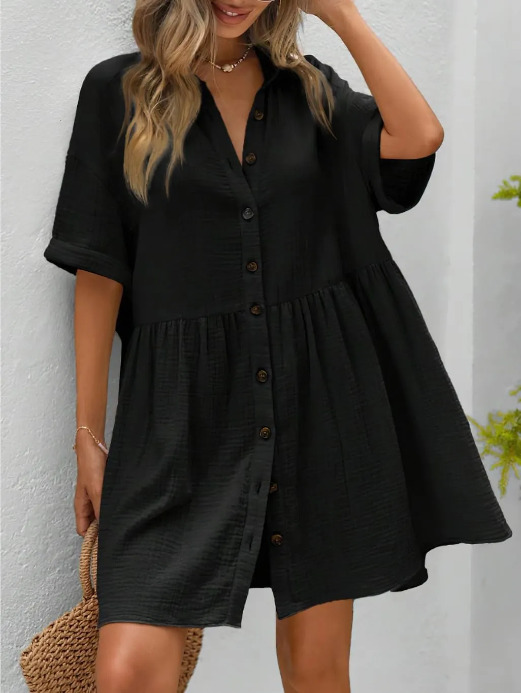 chouyatou Women's Casual Short Sleeve Button Down Mini Shirt Dress Cotton Babydoll Tunic Loose Beach Dress
