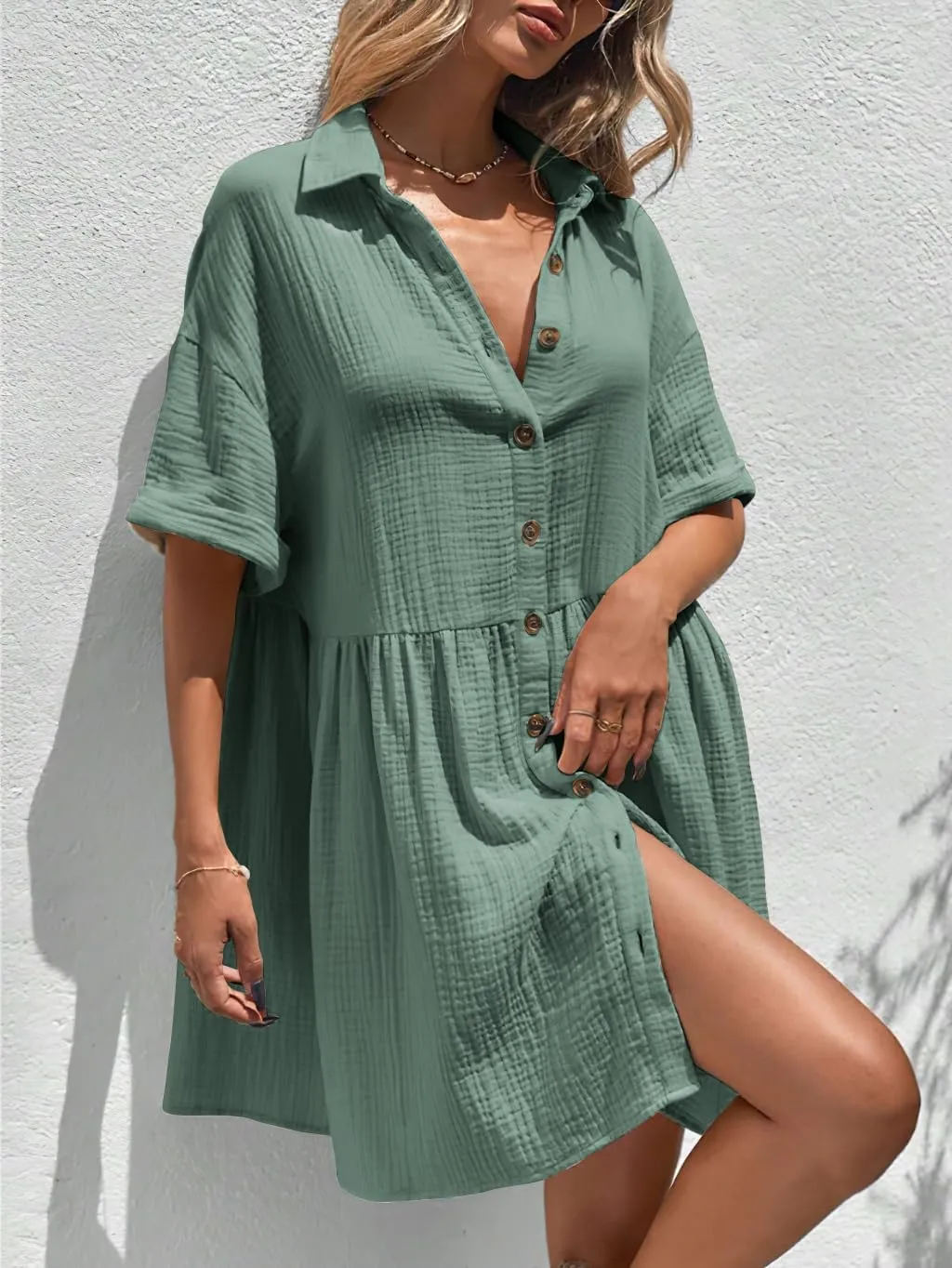 chouyatou Women's Casual Short Sleeve Button Down Mini Shirt Dress Cotton Babydoll Tunic Loose Beach Dress