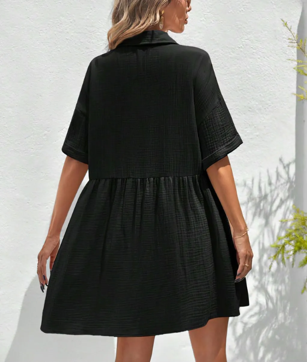 chouyatou Women's Casual Short Sleeve Button Down Mini Shirt Dress Cotton Babydoll Tunic Loose Beach Dress