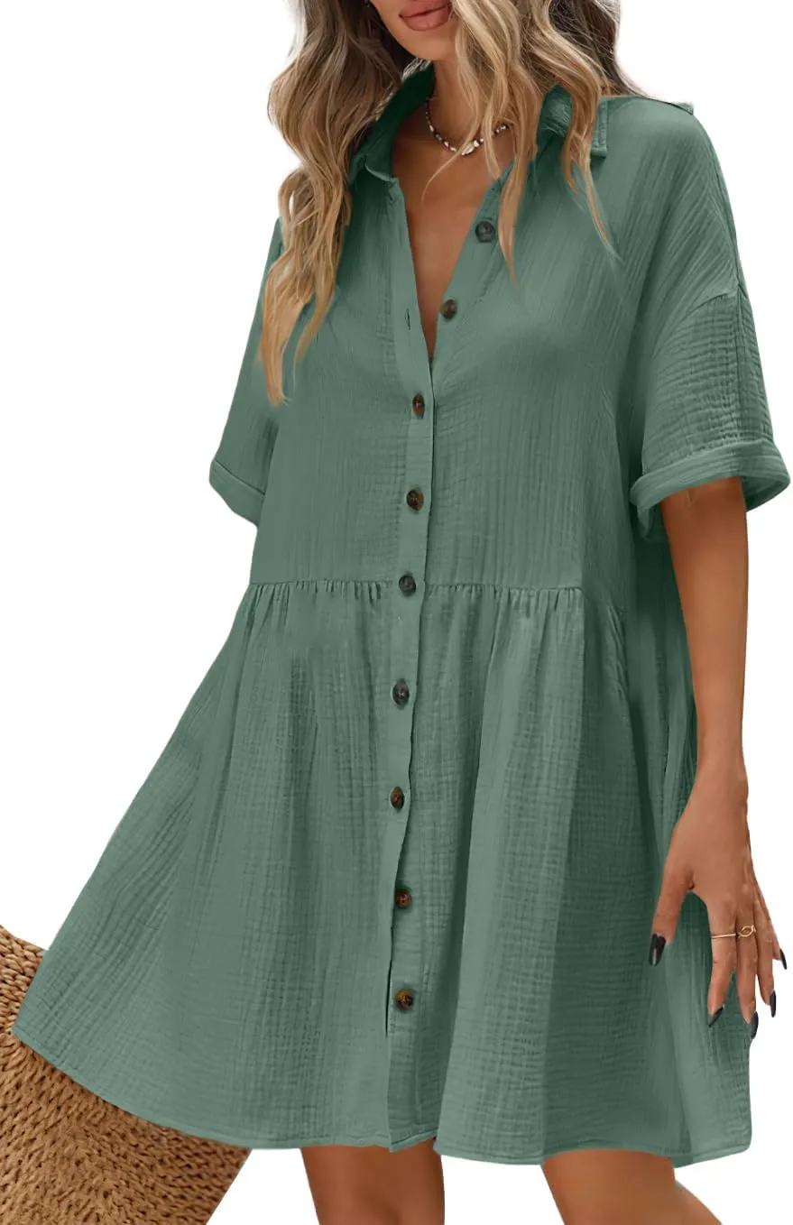 chouyatou Women's Casual Short Sleeve Button Down Mini Shirt Dress Cotton Babydoll Tunic Loose Beach Dress