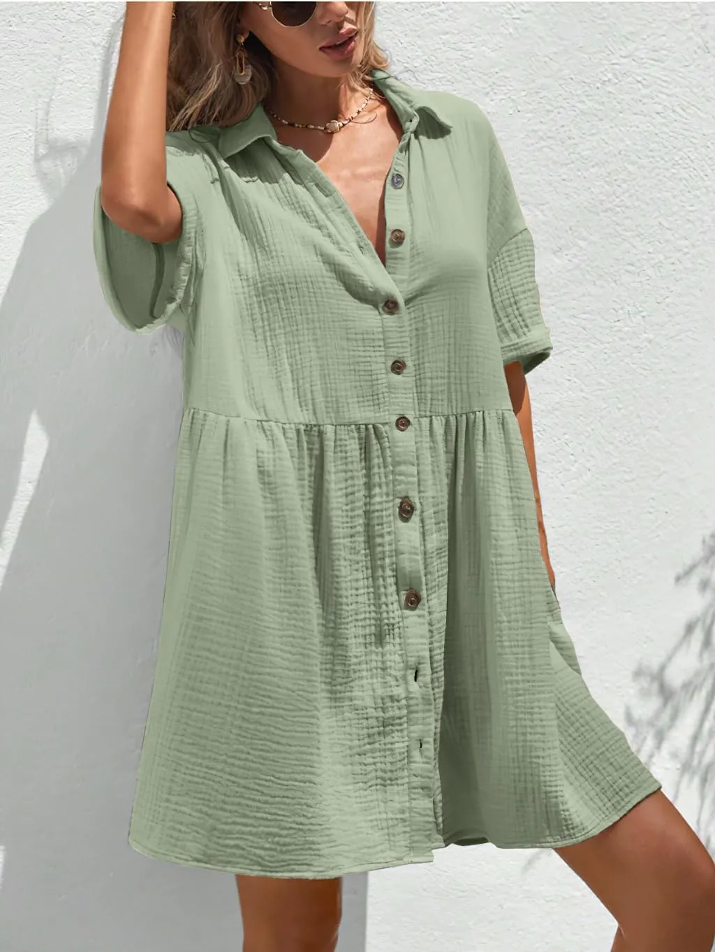 chouyatou Women's Casual Short Sleeve Button Down Mini Shirt Dress Cotton Babydoll Tunic Loose Beach Dress
