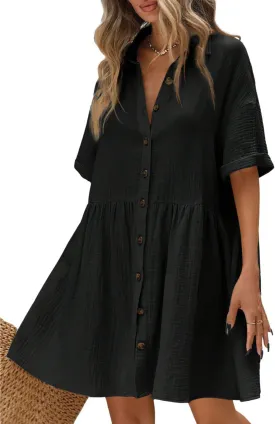 chouyatou Women's Casual Short Sleeve Button Down Mini Shirt Dress Cotton Babydoll Tunic Loose Beach Dress
