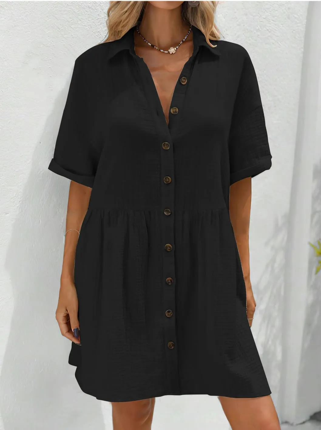 chouyatou Women's Casual Short Sleeve Button Down Mini Shirt Dress Cotton Babydoll Tunic Loose Beach Dress