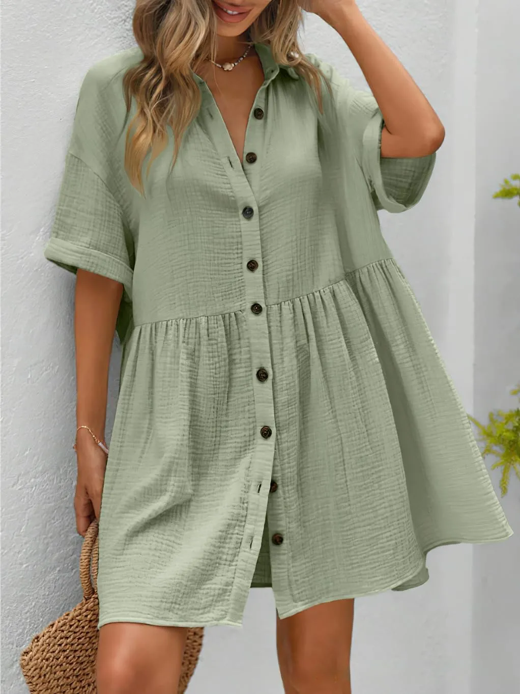 chouyatou Women's Casual Short Sleeve Button Down Mini Shirt Dress Cotton Babydoll Tunic Loose Beach Dress
