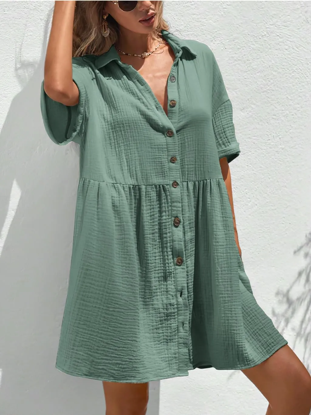 chouyatou Women's Casual Short Sleeve Button Down Mini Shirt Dress Cotton Babydoll Tunic Loose Beach Dress