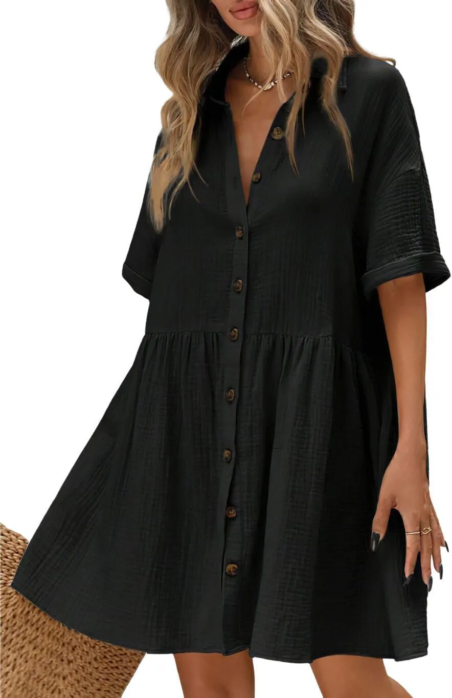 chouyatou Women's Casual Short Sleeve Button Down Mini Shirt Dress Cotton Babydoll Tunic Loose Beach Dress