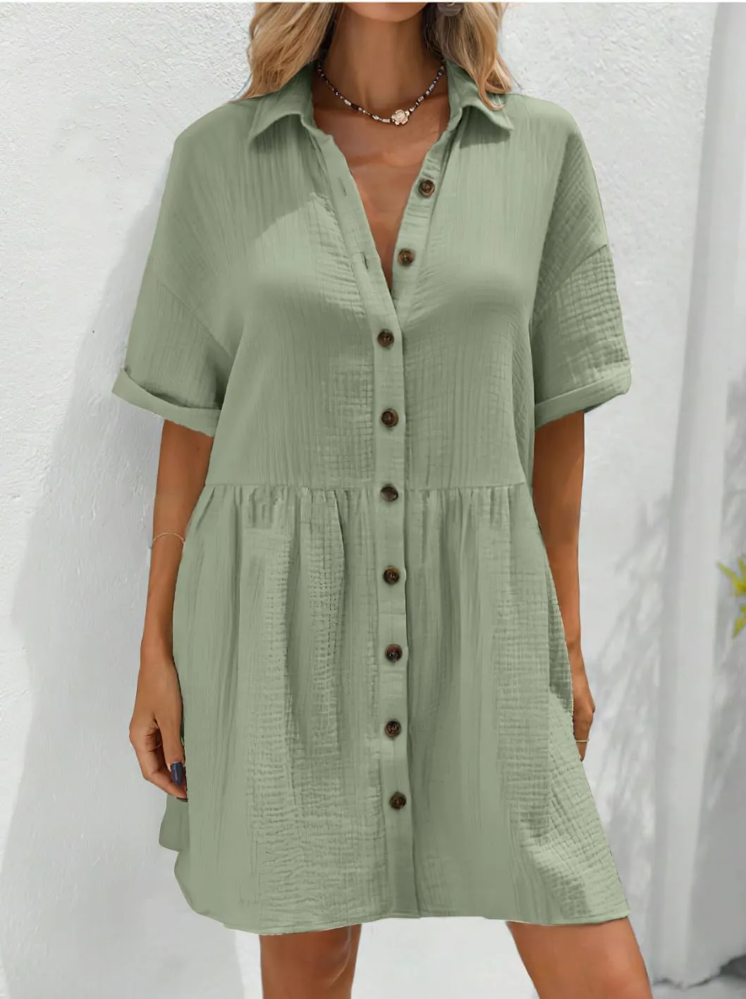 chouyatou Women's Casual Short Sleeve Button Down Mini Shirt Dress Cotton Babydoll Tunic Loose Beach Dress