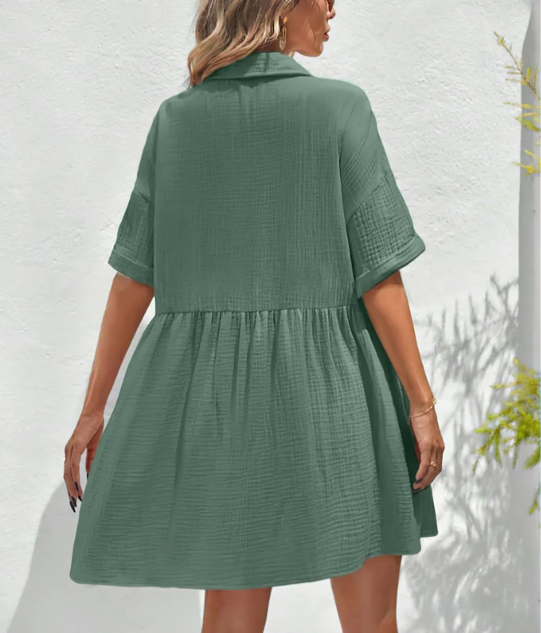 chouyatou Women's Casual Short Sleeve Button Down Mini Shirt Dress Cotton Babydoll Tunic Loose Beach Dress