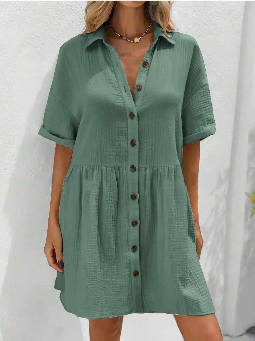 chouyatou Women's Casual Short Sleeve Button Down Mini Shirt Dress Cotton Babydoll Tunic Loose Beach Dress