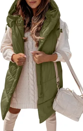 Danedvi Women's Winter Hooded Puffer Vest Side Zip up Casual Sleeveless Long Coats Jacket