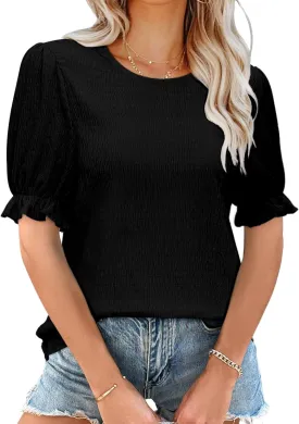 Elesomo Women's Tops Summer Puff Short Sleeve T Shirts Casual Crew Neck Tee Blouses
