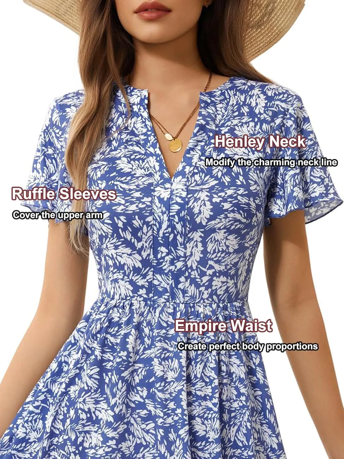 GUBERRY Womens Summer Dresses Henley V Neck Ruffle Sleeve A Line Causal Floral Midi Sundresses with Pockets