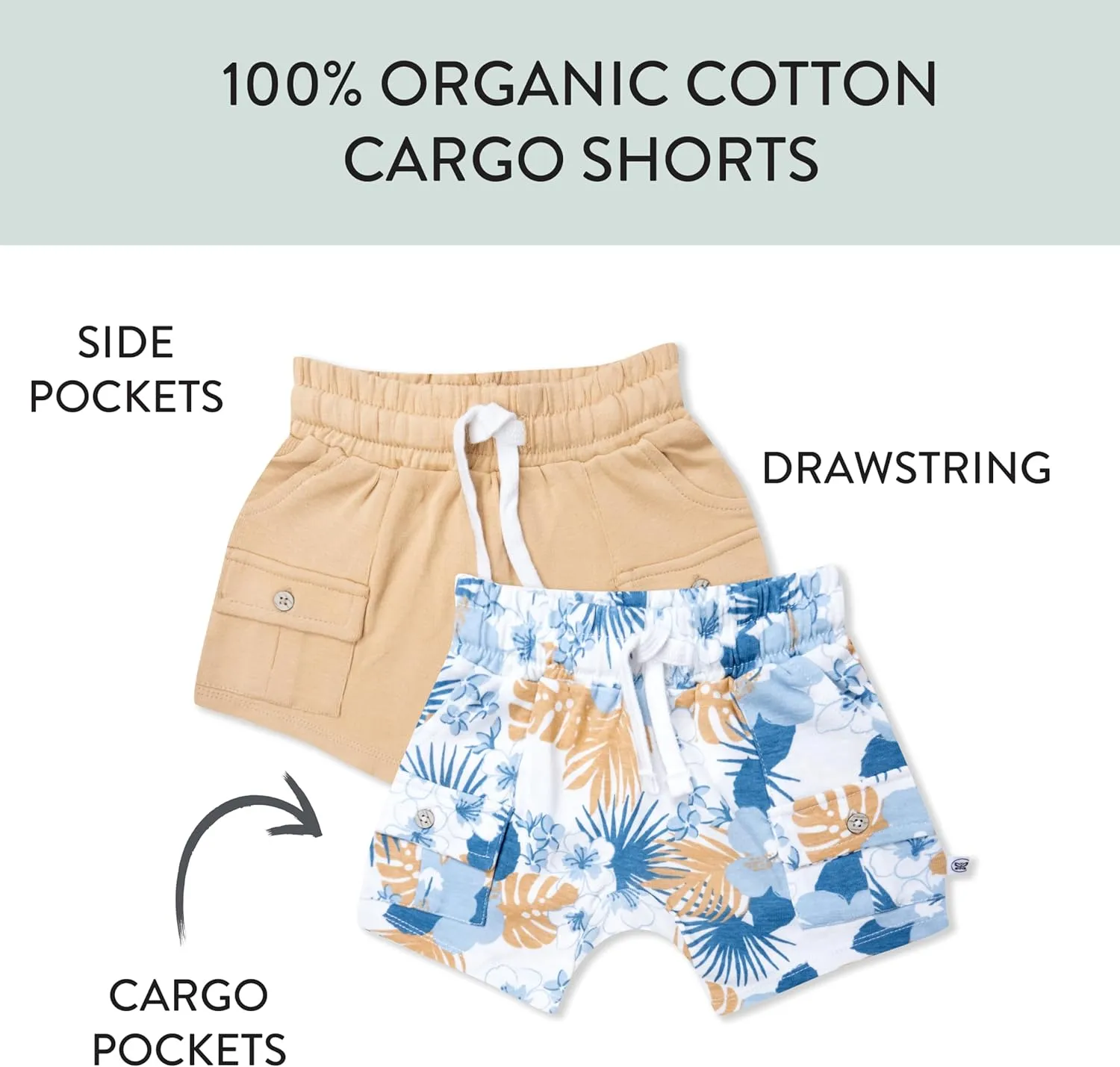 HonestBaby unisex-baby 2-pack Cargo Shorts 100% Organic Cotton for Infant Baby and Toddler, Boys, Girls