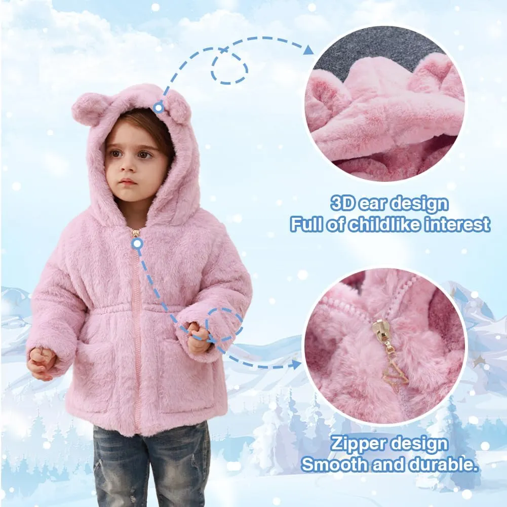 Kids Girls Winter Warm Coats Jacket Clothes Outwear Overcoat Ear Hooded Faux Fur Thicken Fleece Toddler