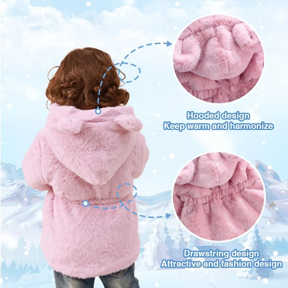 Kids Girls Winter Warm Coats Jacket Clothes Outwear Overcoat Ear Hooded Faux Fur Thicken Fleece Toddler
