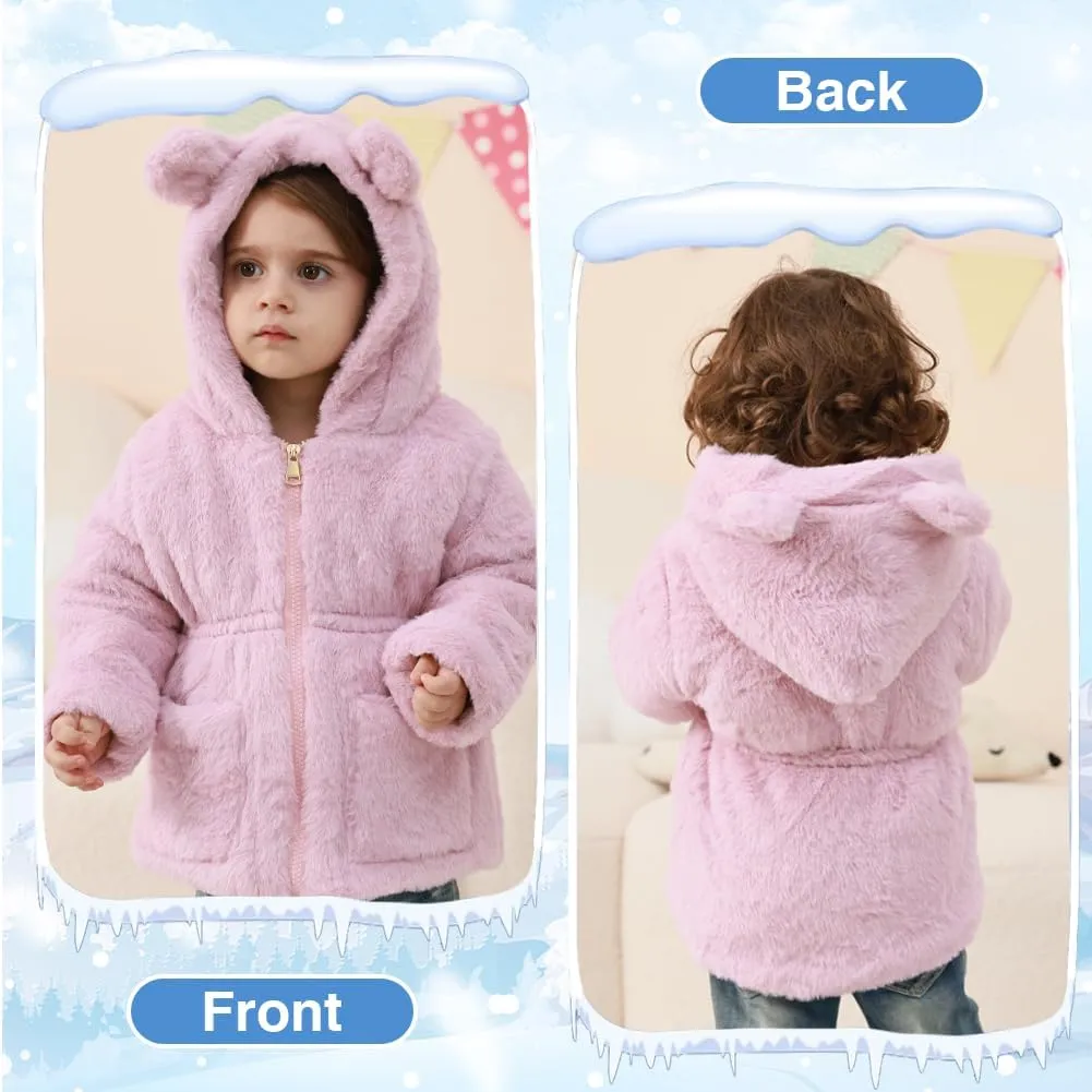 Kids Girls Winter Warm Coats Jacket Clothes Outwear Overcoat Ear Hooded Faux Fur Thicken Fleece Toddler