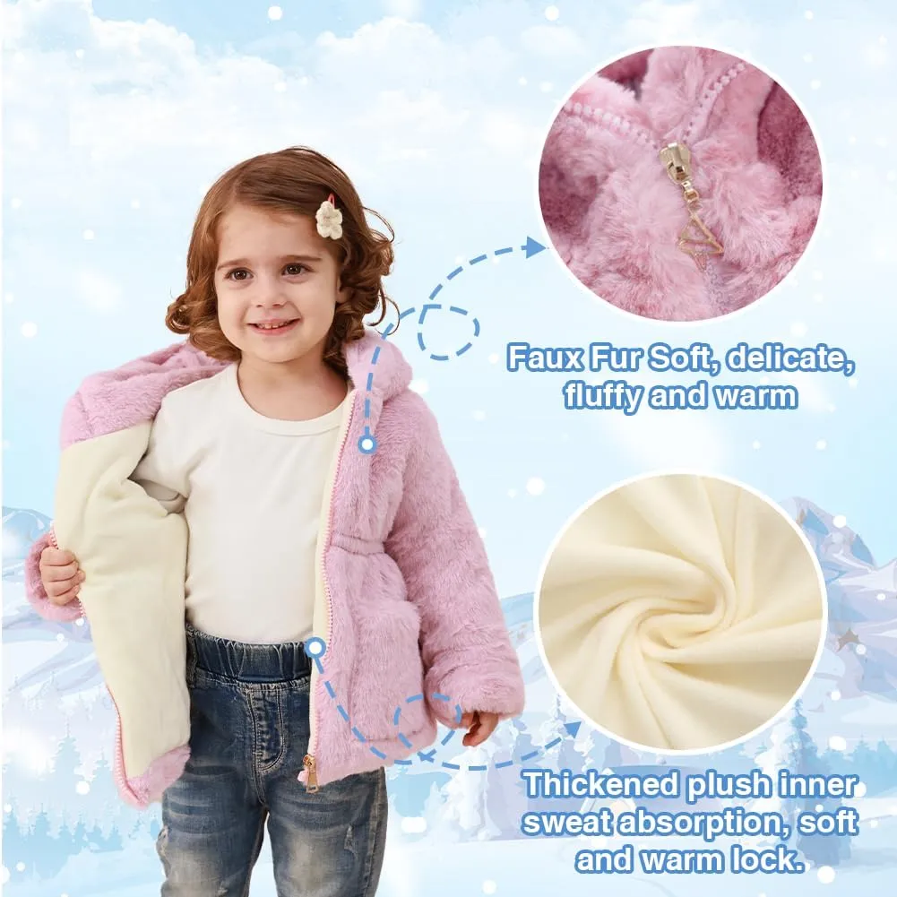 Kids Girls Winter Warm Coats Jacket Clothes Outwear Overcoat Ear Hooded Faux Fur Thicken Fleece Toddler