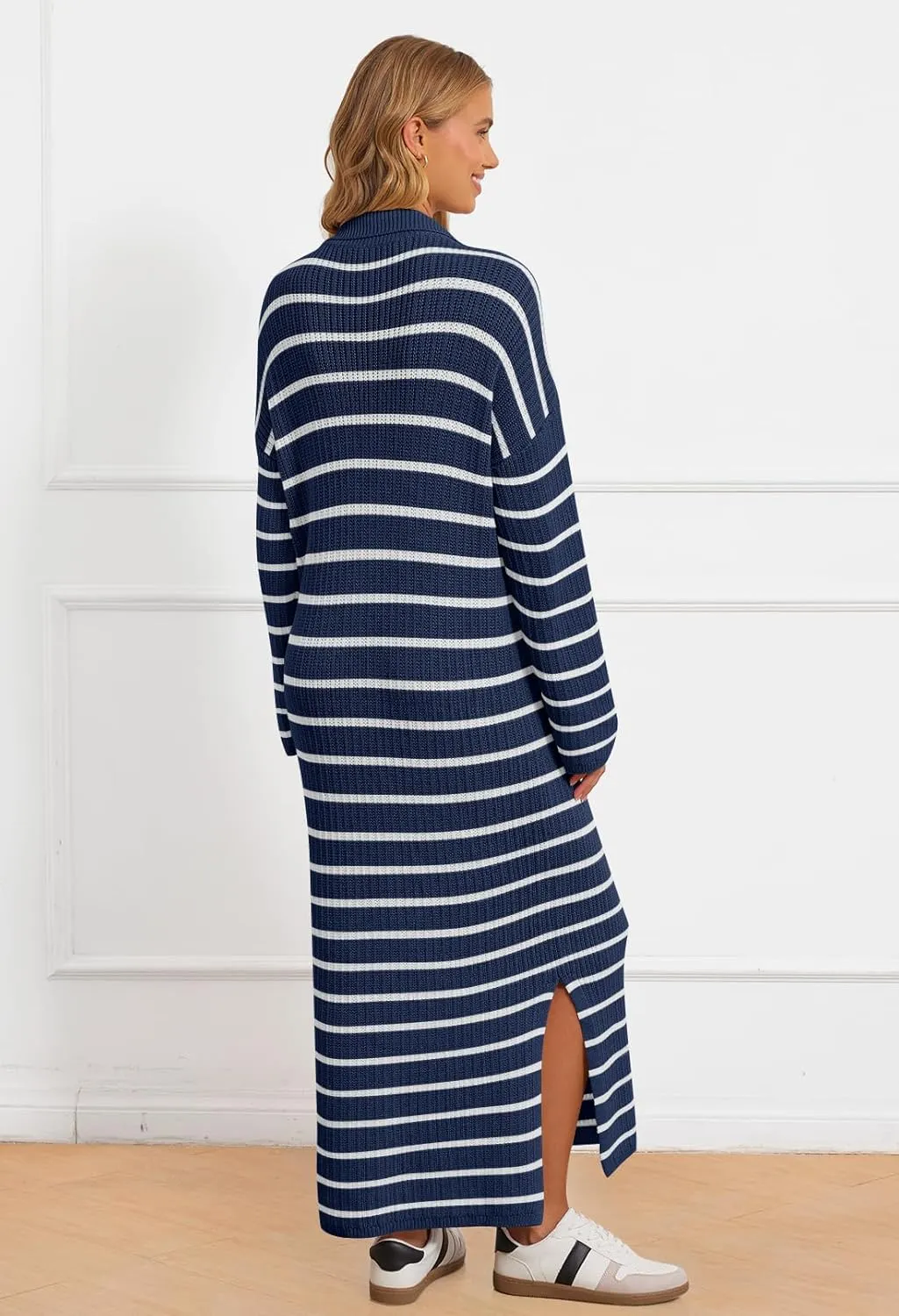 MEROKEETY Women's 2024 Long Sleeve Striped Sweater Dress V Neck Collared Slit Casual Knit Maxi Dresses