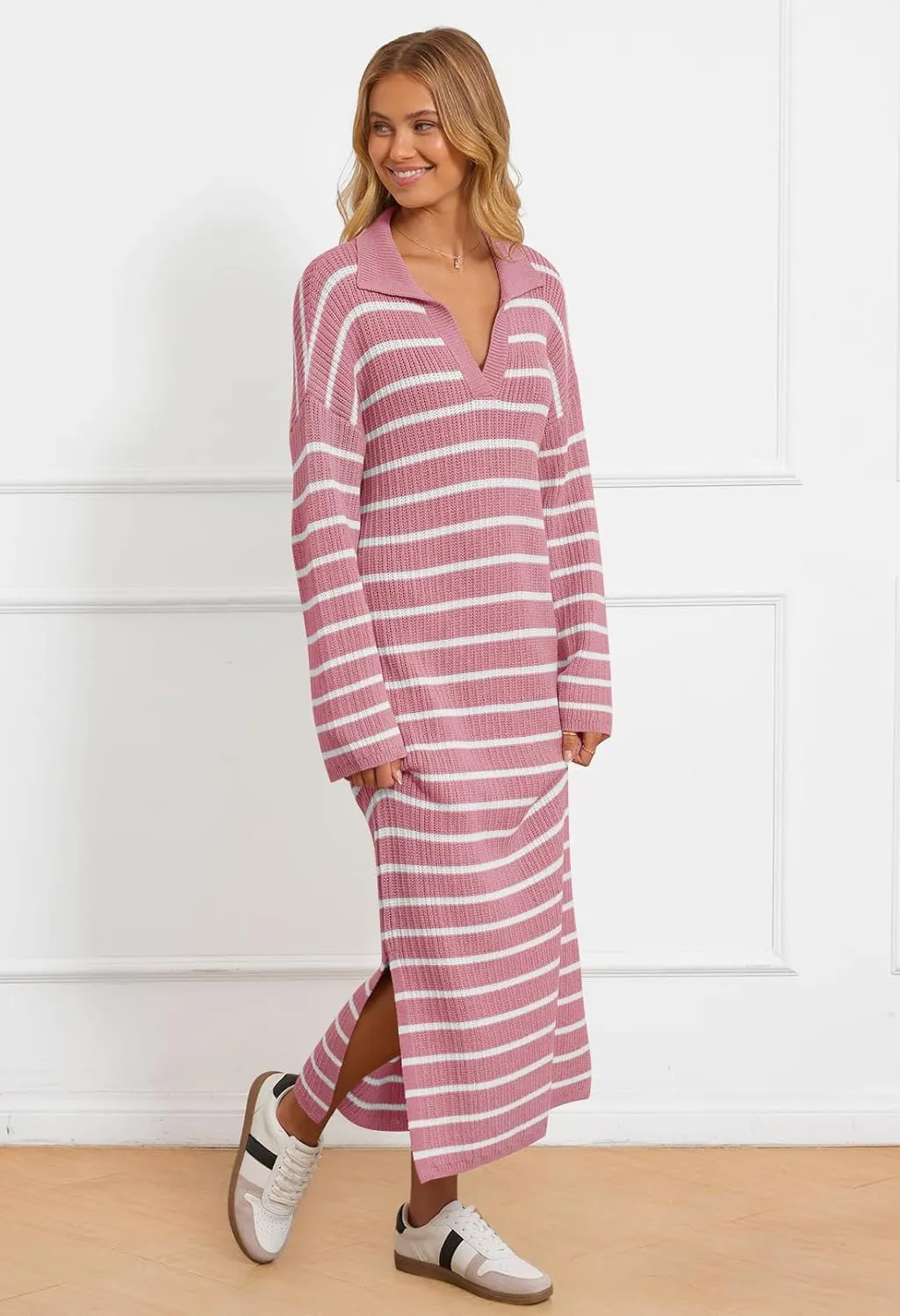 MEROKEETY Women's 2024 Long Sleeve Striped Sweater Dress V Neck Collared Slit Casual Knit Maxi Dresses