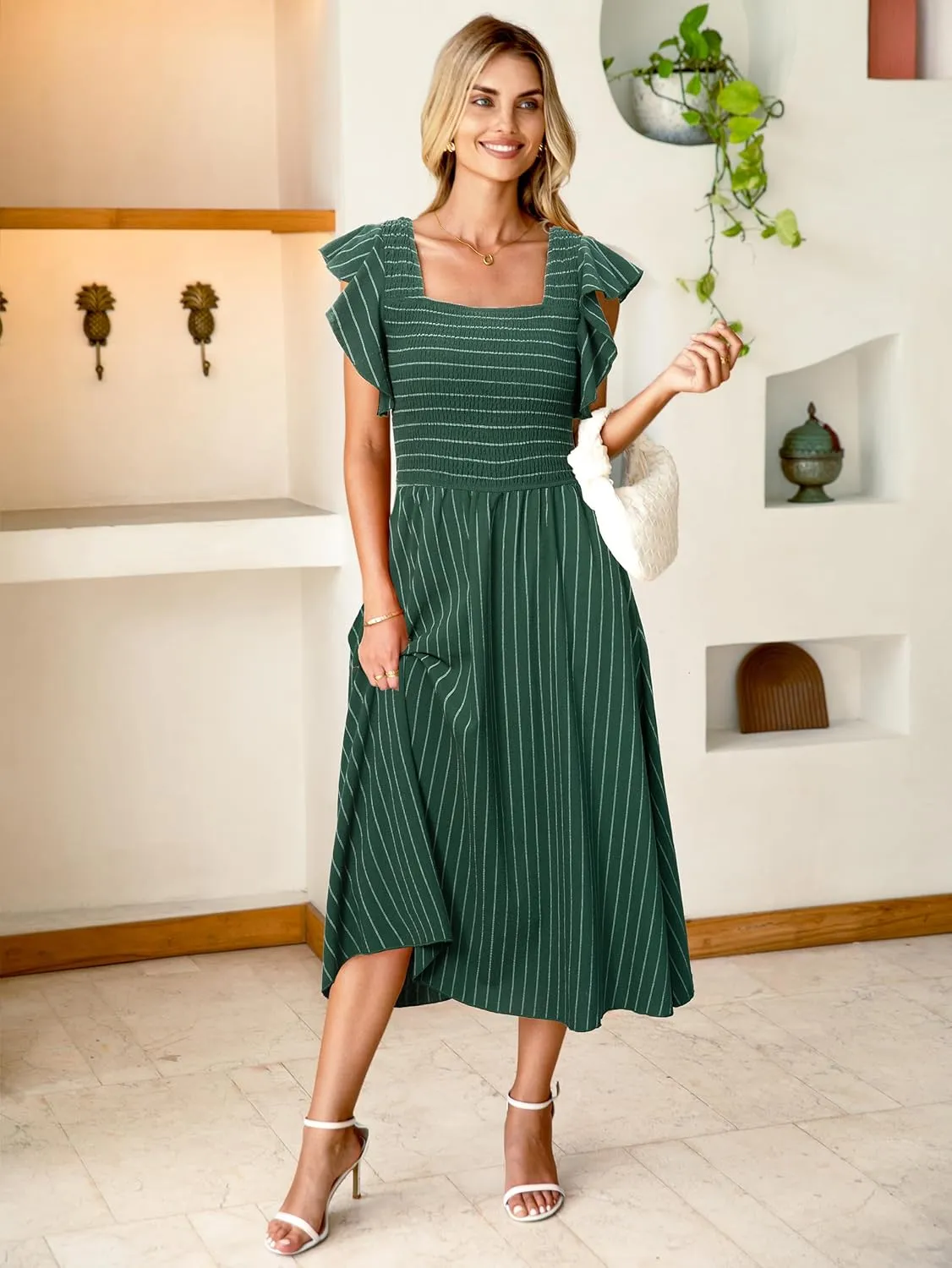 Miessial Womens Casual Summer Midi Dress Short Sleeve Smocked Linen Dresses 2025 Boho Beach Wedding Guest Dress with Pockets