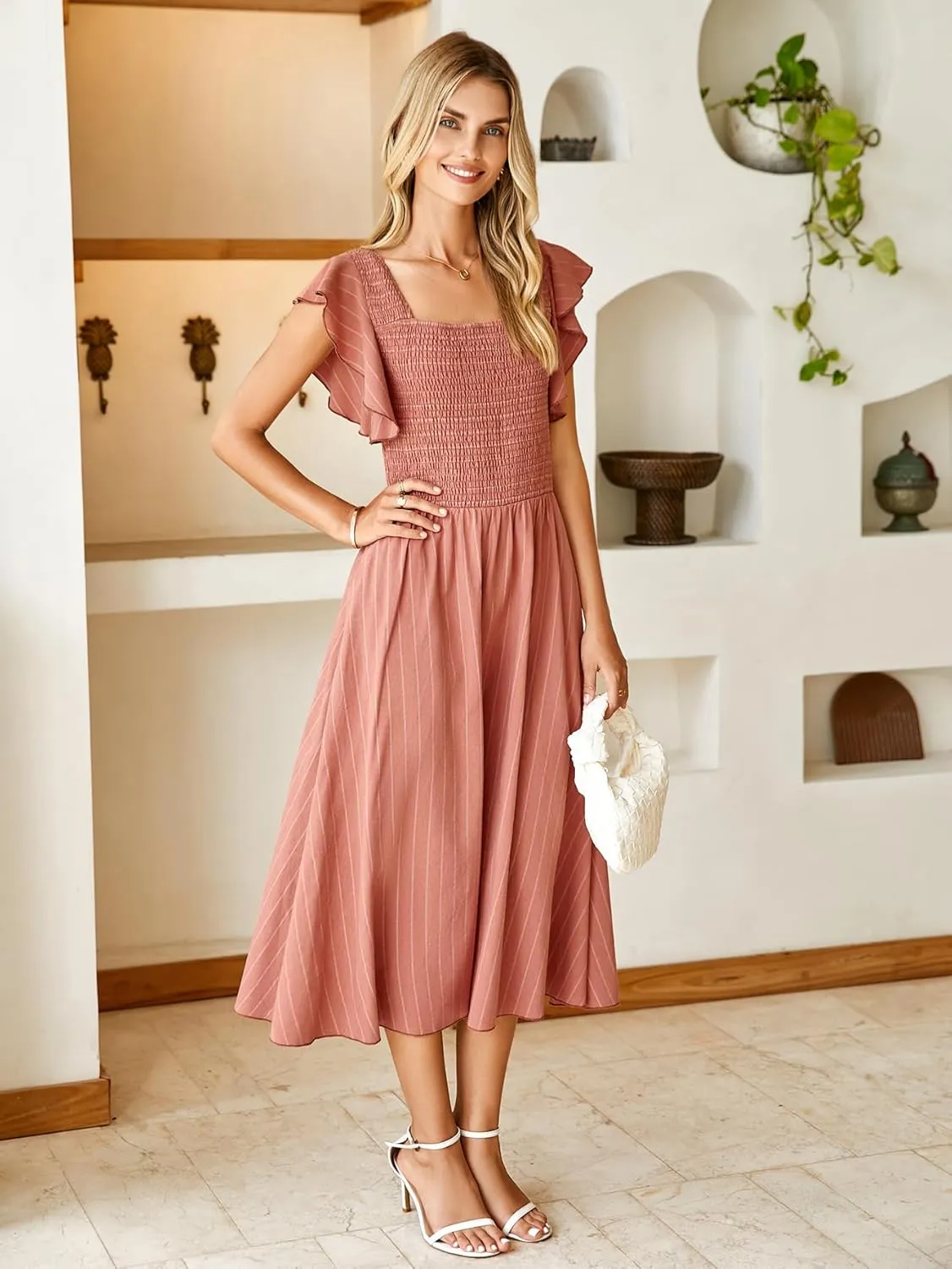 Miessial Womens Casual Summer Midi Dress Short Sleeve Smocked Linen Dresses 2025 Boho Beach Wedding Guest Dress with Pockets