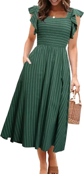 Miessial Womens Casual Summer Midi Dress Short Sleeve Smocked Linen Dresses 2025 Boho Beach Wedding Guest Dress with Pockets