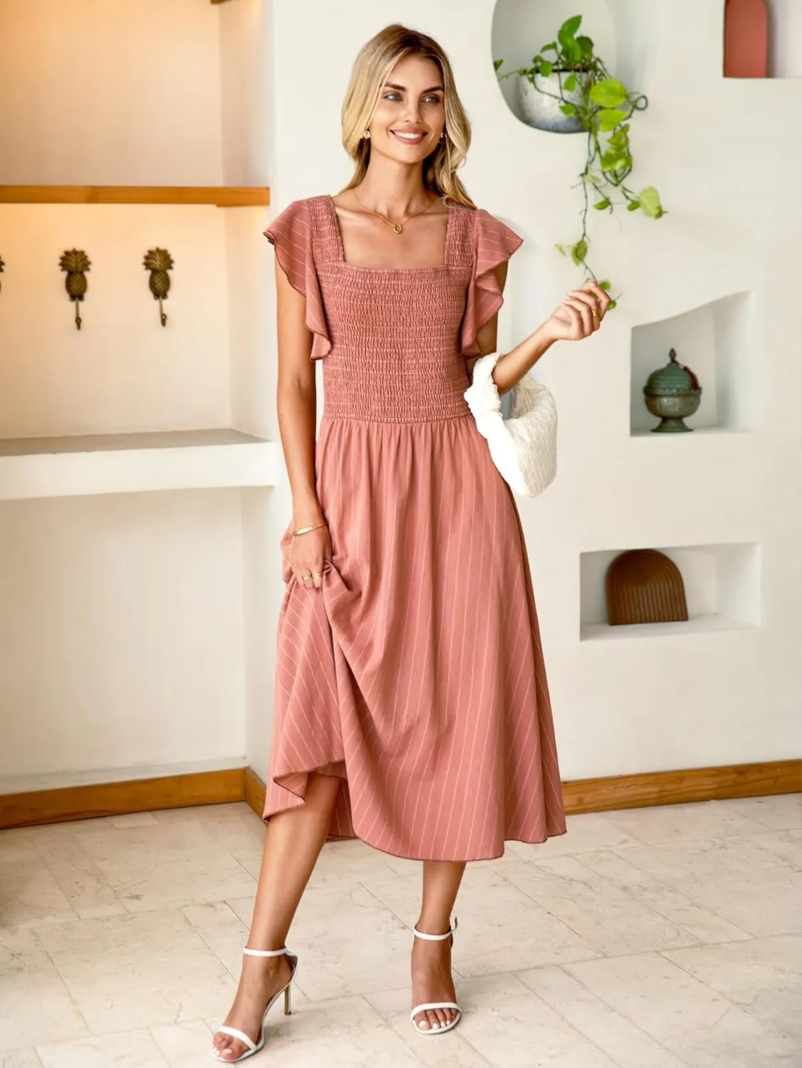 Miessial Womens Casual Summer Midi Dress Short Sleeve Smocked Linen Dresses 2025 Boho Beach Wedding Guest Dress with Pockets
