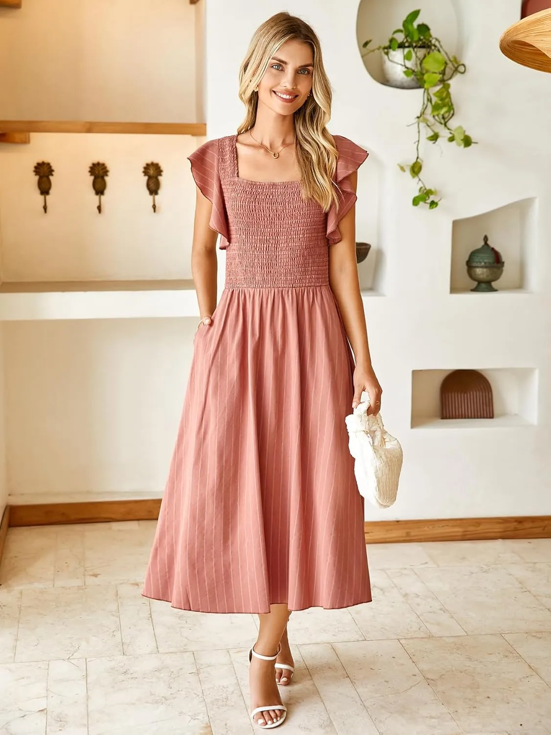 Miessial Womens Casual Summer Midi Dress Short Sleeve Smocked Linen Dresses 2025 Boho Beach Wedding Guest Dress with Pockets
