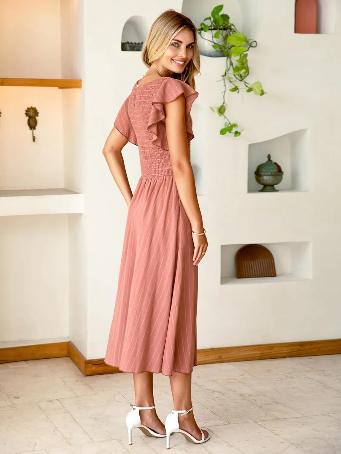 Miessial Womens Casual Summer Midi Dress Short Sleeve Smocked Linen Dresses 2025 Boho Beach Wedding Guest Dress with Pockets