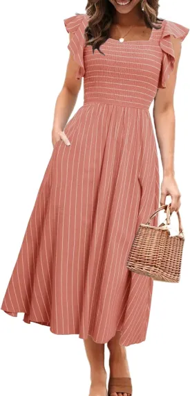 Miessial Womens Casual Summer Midi Dress Short Sleeve Smocked Linen Dresses 2025 Boho Beach Wedding Guest Dress with Pockets