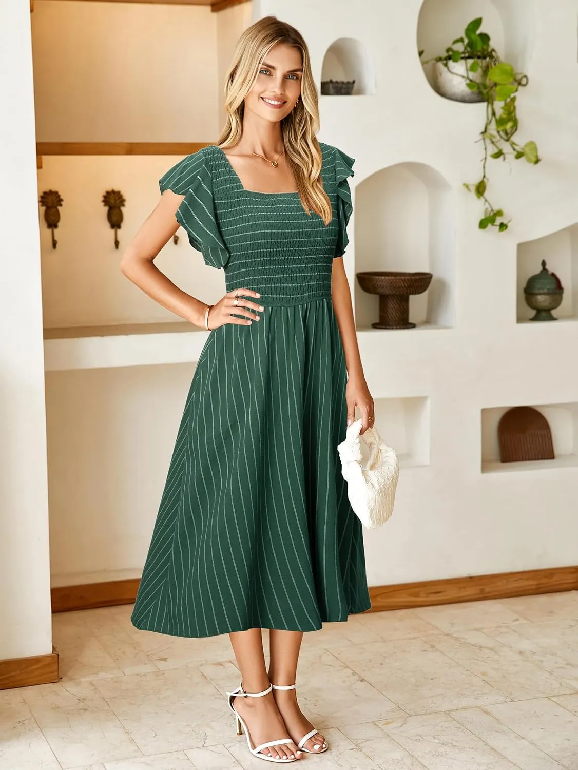 Miessial Womens Casual Summer Midi Dress Short Sleeve Smocked Linen Dresses 2025 Boho Beach Wedding Guest Dress with Pockets