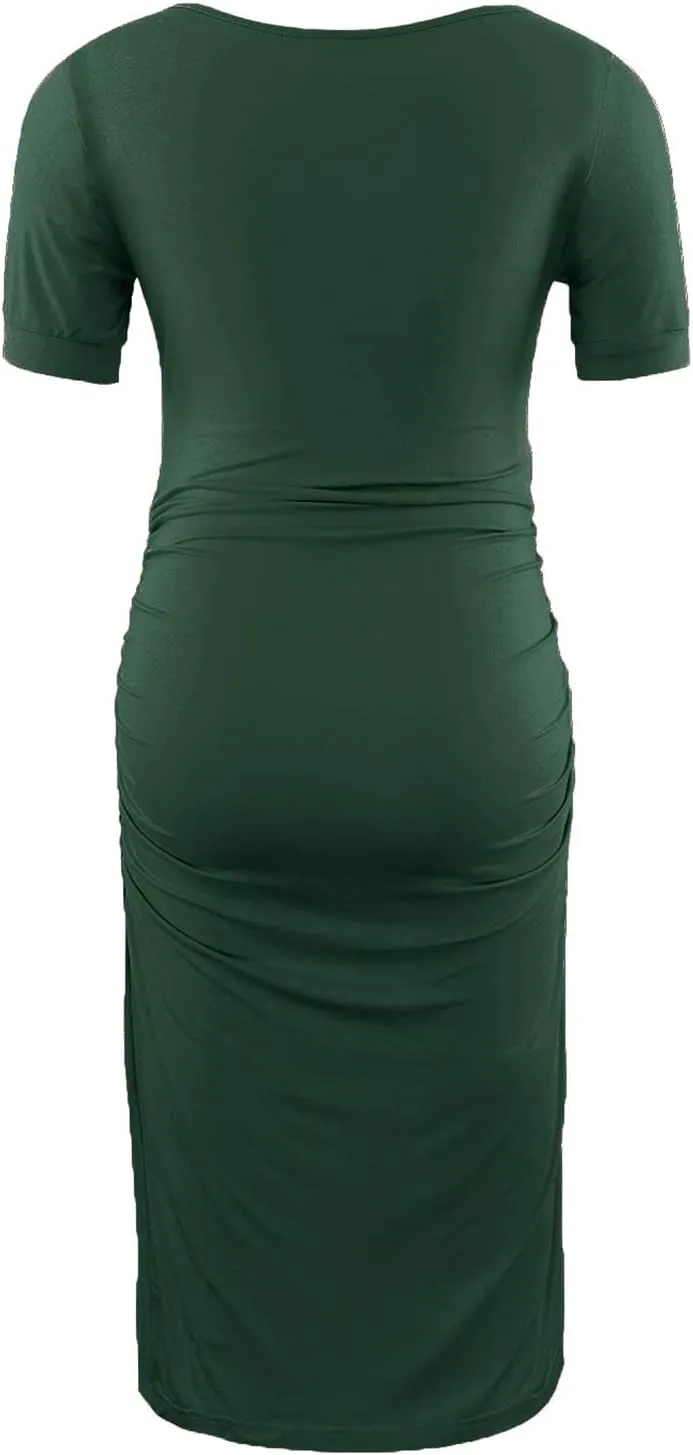 MUSIDORA Solid Color & Floral Side Ruch Maternity Dress/Short Sleeve Bodycon Dress Baby Shower Daily Wear