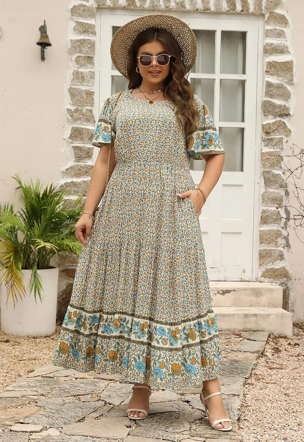 Nemidor Plus Size Maxi Dresses for Curvy Women Summer Casual Boho Ditsy Floral Print Layered Flared Long Dress with Pocket