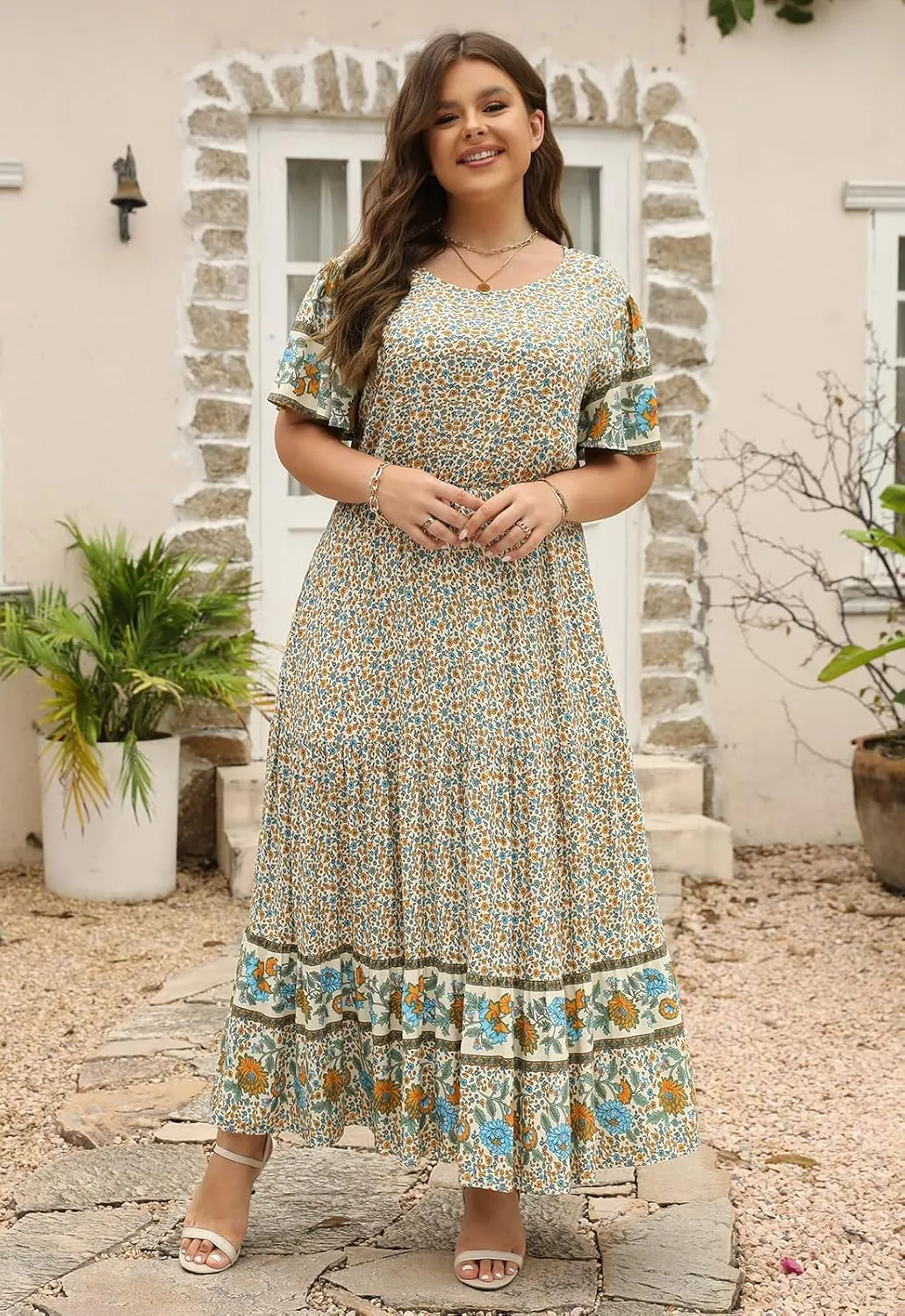Nemidor Plus Size Maxi Dresses for Curvy Women Summer Casual Boho Ditsy Floral Print Layered Flared Long Dress with Pocket