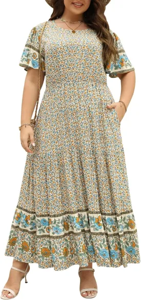 Nemidor Plus Size Maxi Dresses for Curvy Women Summer Casual Boho Ditsy Floral Print Layered Flared Long Dress with Pocket