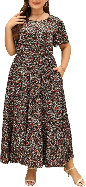 Nemidor Plus Size Maxi Dresses for Curvy Women Summer Casual Boho Ditsy Floral Print Layered Flared Long Dress with Pocket