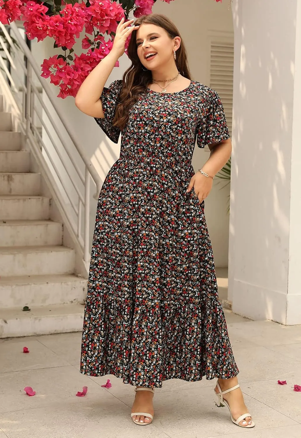 Nemidor Plus Size Maxi Dresses for Curvy Women Summer Casual Boho Ditsy Floral Print Layered Flared Long Dress with Pocket