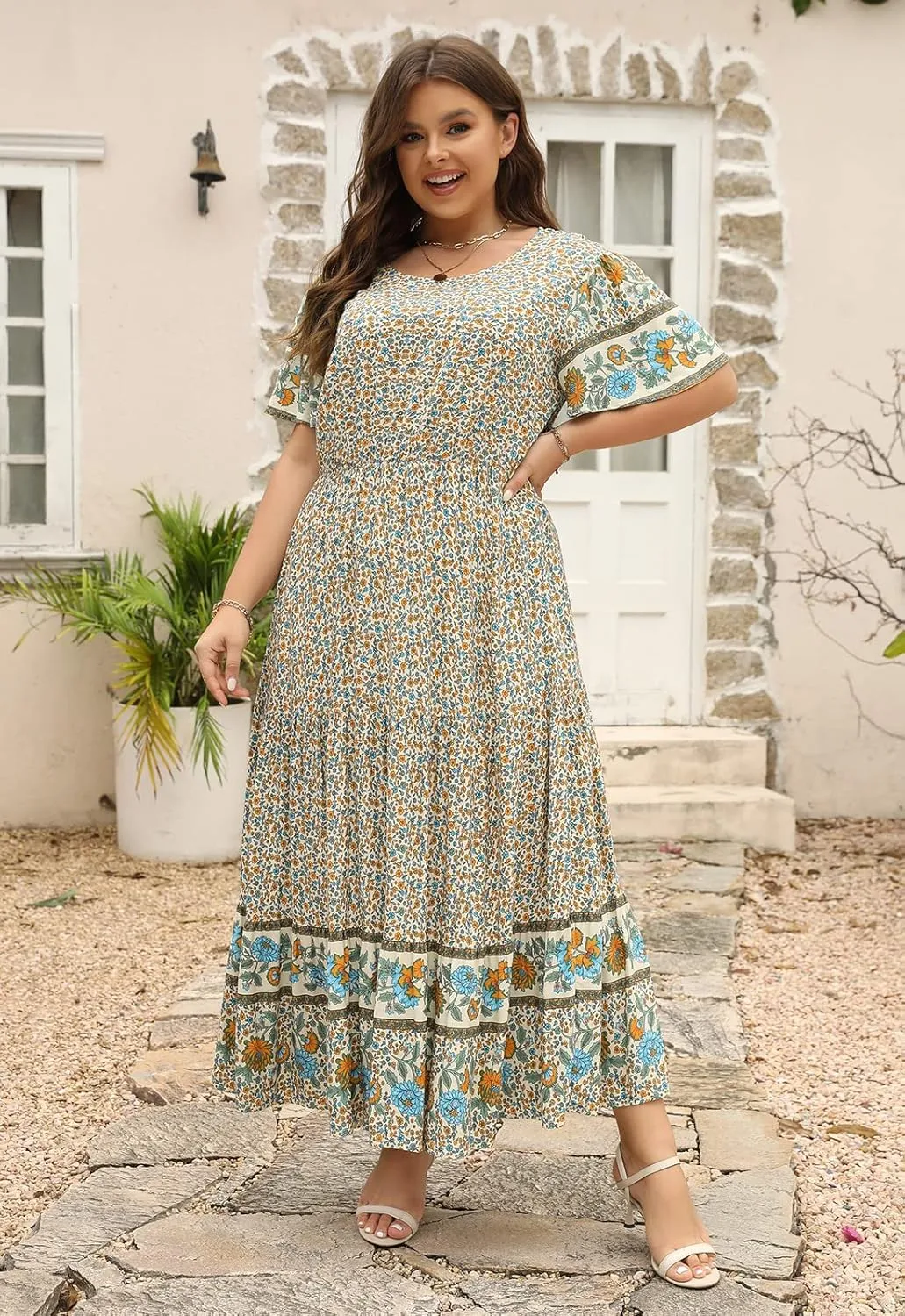Nemidor Plus Size Maxi Dresses for Curvy Women Summer Casual Boho Ditsy Floral Print Layered Flared Long Dress with Pocket