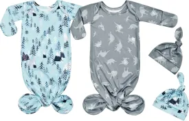 Newborn Baby Boy Long Sleeve Sleeper Gown with Mittens Knotted Gown Coming Home Outfit Nightgown Hat Set 2 Pieces