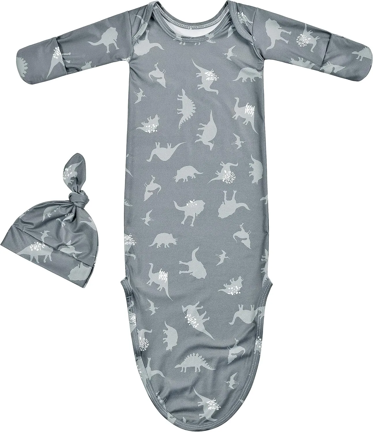 Newborn Baby Boy Long Sleeve Sleeper Gown with Mittens Knotted Gown Coming Home Outfit Nightgown Hat Set 2 Pieces