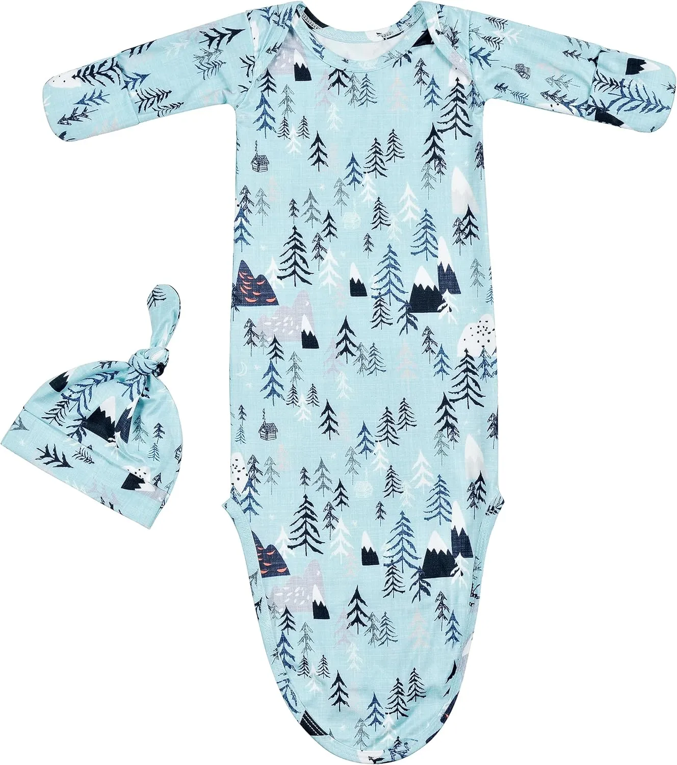 Newborn Baby Boy Long Sleeve Sleeper Gown with Mittens Knotted Gown Coming Home Outfit Nightgown Hat Set 2 Pieces