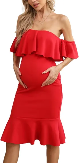 Off The Shoulder Maternity Dress Summer, Elegant Baby Shower Dress Bodycon Mermaid Midi with Ruffle Short Sleeves for Women